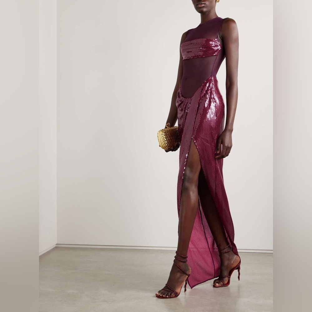 Alex Perry Asymmetric Draped Sequin Tulle Gown
